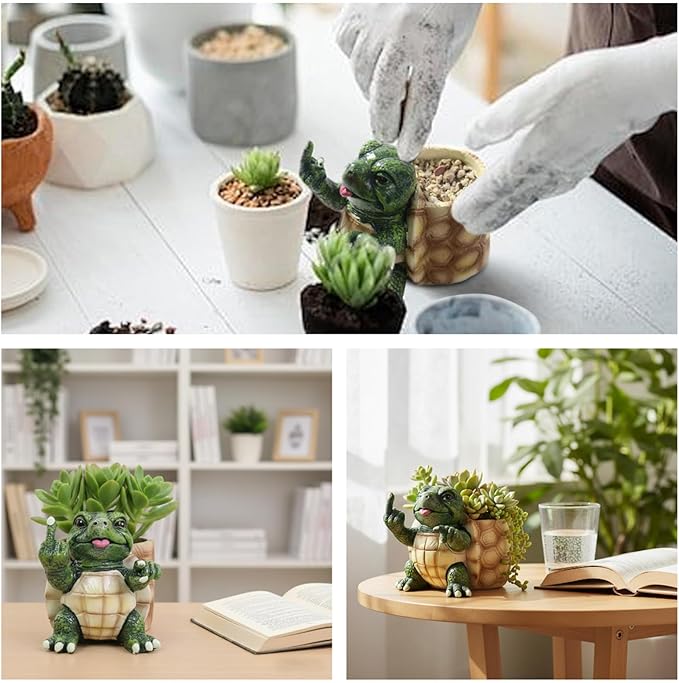 Turtle Succulent Pots with Middle Fingers Up, Middle Finger Gifts, Prank Flower Pot Resin for Indoor Outdoor
