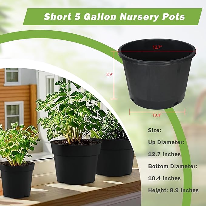 HOSTIC Short 5 Gallon Flexible Nursery Pots Gallon Pot with Drainage Holes Plastic Plant Container Suitable for Indoor Outdoor Vegetables Flowers Plants 10 PCS