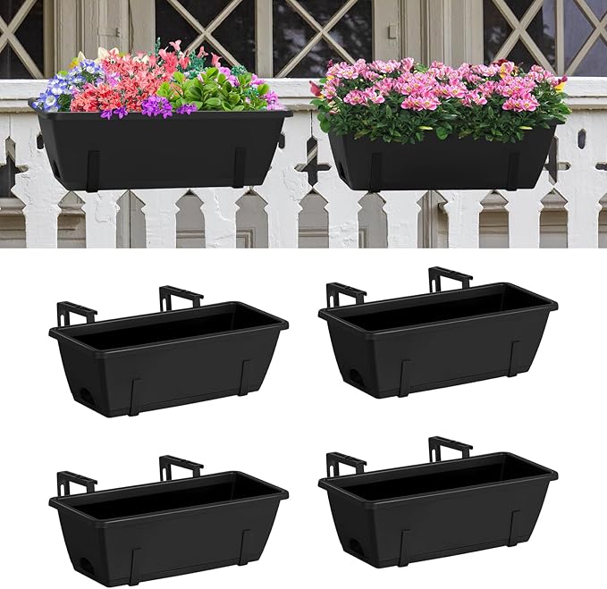 CADUKE Railing Planter Box 4 Pack Window Boxes Planter with Adjustable Brackets 16.9 Inches Deck Railing Hanging Flower Boxes Black Balcony Planters Fence Hanging Planters for Outdoor