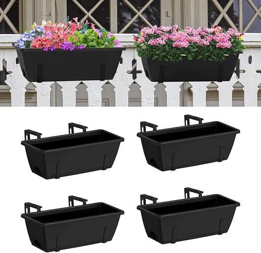 CADUKE Railing Planter Box 4 Pack Window Boxes Planter with Adjustable Brackets 16.9 Inches Deck Railing Hanging Flower Boxes Black Balcony Planters Fence Hanging Planters for Outdoor