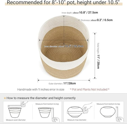 Dahey Jute Spliced Cotton Rope Plant Basket Modern Woven Storage Basket for 10.5" Floor Indoor Planter, Decorative Flower Pots Cover Laundry Bin with Handle Rustic Home Decor, White and Beige