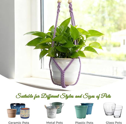 Macrame Plant Hanger, Up to 4-15 inch Pots, Wood Beads Cotton Hanging Planter Holder for Indoor Outdoor Boho Home Decor, 35 Inch, Set of 2 (Purple)