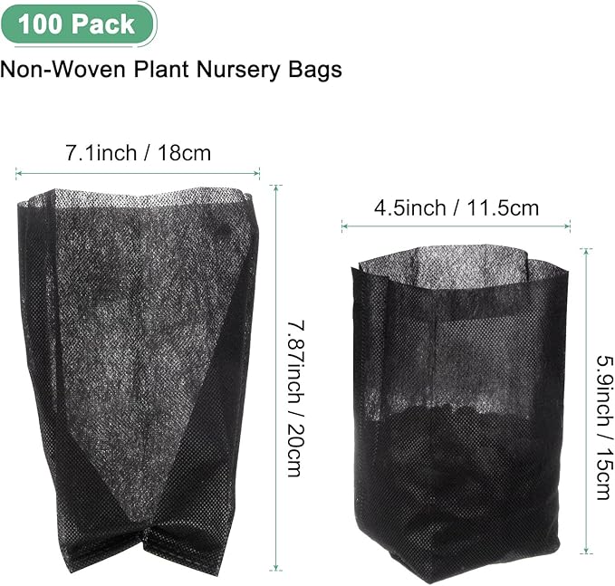 100-Pack Nursery Growing Bags, 7.9" x 7.1" Non-Woven Plant Nursery Bags, Fabric Seeding Pots Pouch for Seed Starting/Soil Transplant/Home Garden Supply [Black]