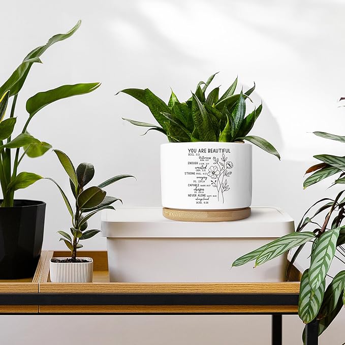 Christian Religious Plant Pot with Scripture Design Decorative Ceramic Succulent Pot Ideal for Home Garden Gifts for Christians and Faith Based Decor (Plant Not Included) (You are Beautiful)
