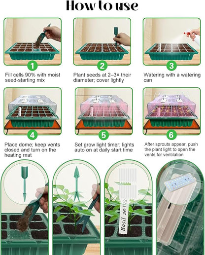 Seed Starter Trays with Grow Lights and Heat Mat, 2 Pack Seed Starter Kit with Humidity Dome and Timing Controller, Adjustable Vent and Brightness, Ideal Germination Tray for Seed Starting and Growing