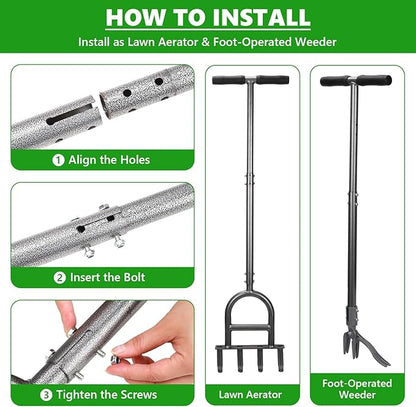 2-in-1 Lawn Aerator Tool - Adjustable Height with 4 Hollow Aeration Tines, High-Strength Anti-Rust Carbon Steel, Foot-Operated Weed Puller & Lawn Aerator for Garden Lawn Care & Compacted Soil Aeration