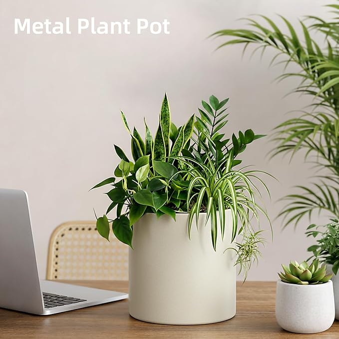 Metal Plant Pot with Drainage Hole,Mid Century Modern 7 inch Round Pot Indoor Outdoor Planters for Decorative Pots of Tabletop Living Room Bedroom Beige