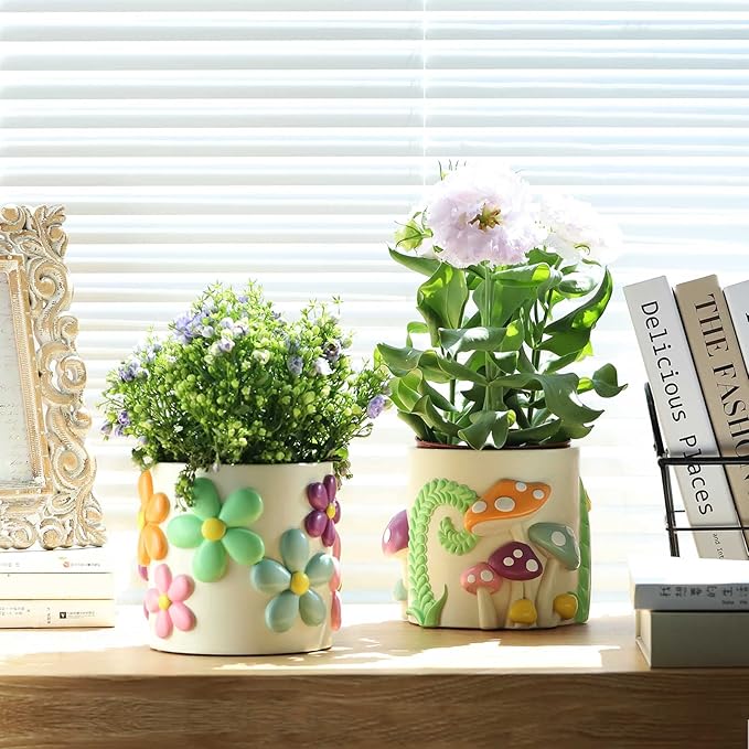 GUGUGO Colorful Flowers Planters Cute Unique Rainbow Planter with Drainage,Vintage Retro Eclectic Flower Plant pots for Indoor Plants and Succulent,Boho Modern Home Décor