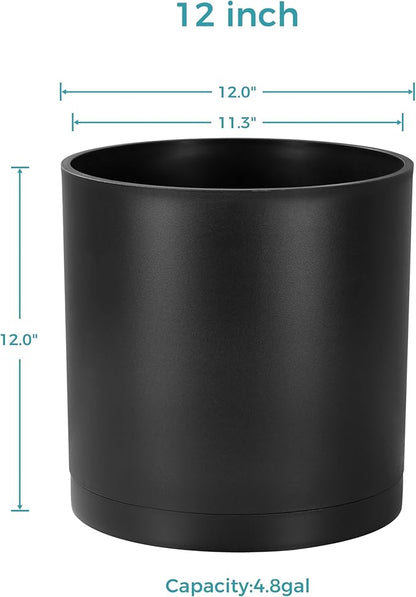 FaithLand 12-Inch Large Modern Cylinder Planter, Thick-Walled Plastic Plant Pot with Drainage Holes and Detachable Saucer, Matte Black, Ideal for Indoor & Outdoor Plants Flowers