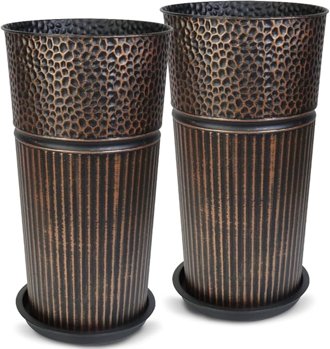 2 Pcs Pack Metal Tall Tapered Planter Pots Large Round Planter Flower Pot with Drainage Holes for Indoor Outdoor Deck Porch Garden Home Patio Front Door (Antique Copper, L)