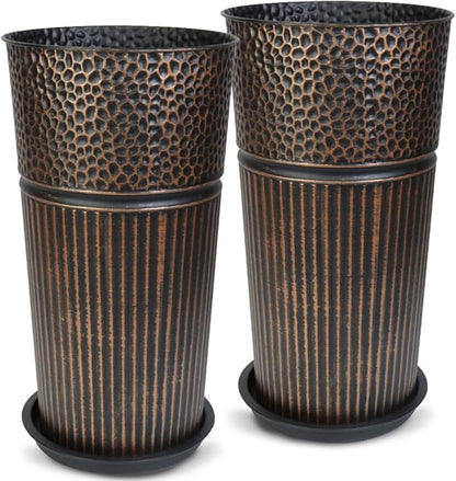 2 Pcs Pack 22 Inches Metal Tall Tapered Planter Pots Large Round Planter Flower Pot with Drainage Holes for Indoor Outdoor Deck Porch Garden Home Patio Front Door (Antique Copper, S)
