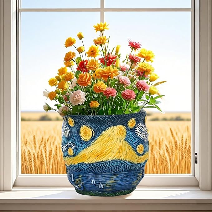 Starry Night Planter Pots Van Gogh Inspired Acolorful Art Flower Pot with Artistic Brushstroke Design Resin Funky Vase for Home Balcony Decoration