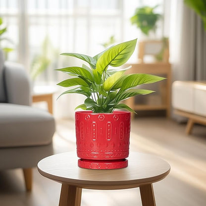 6 Inch Plant Pot, Ceramic Flower Pots for Indoor Outdoor Plants, Round Pots for Plants with Drainage Hole and Tray, Boho Decorative Planter, Kitchen Decor, Gardening Gifts for Women, Red