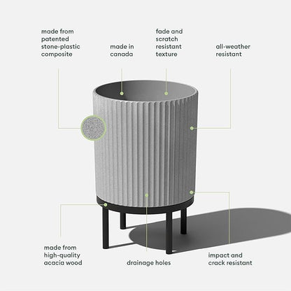 Veradek Demi Series Round Planter w/ Stand for Porch/Patio | Durable Plastic-Concrete & Wooden Stand | Modern Décor for Tall Plants, Flowers