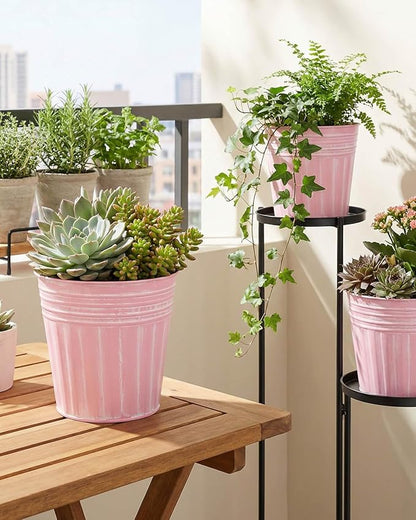 vensovo 6 Inch Pink Metal Rustic Flower Pots - 6Pcs Medium Galvanized Planters with Drainage Hole and Rubber Plug, Rustproof Metal Bucket Plant Pots Farmhouse Vintage Style for Decor