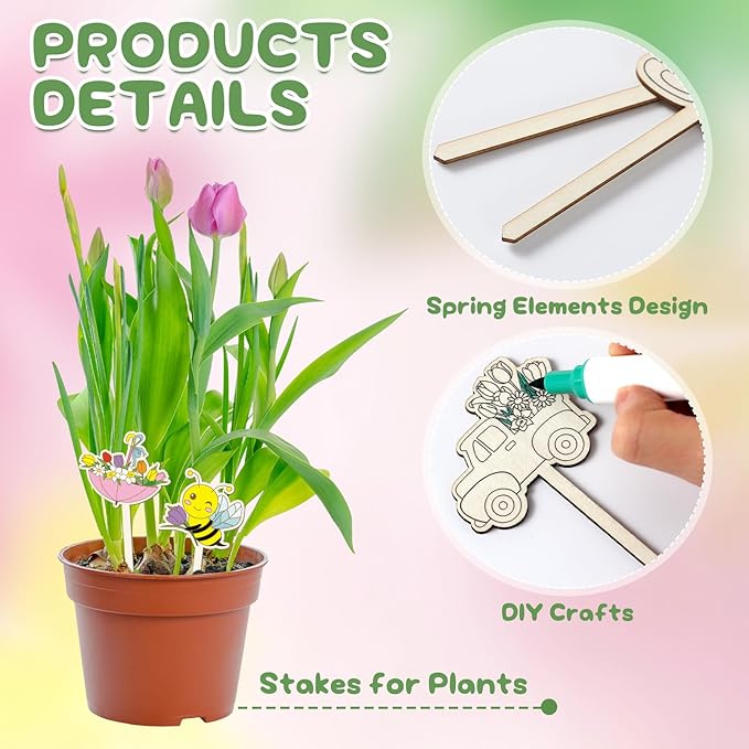 15 Pcs Wooden Spring Plant Stakes Crafts Color Your Own Spring Sticks for Plant DIY Craft Kits Unfinished Wood Cutouts Butterfly Watering Can Snail Flower Shape for Gardener Gardening Gifts