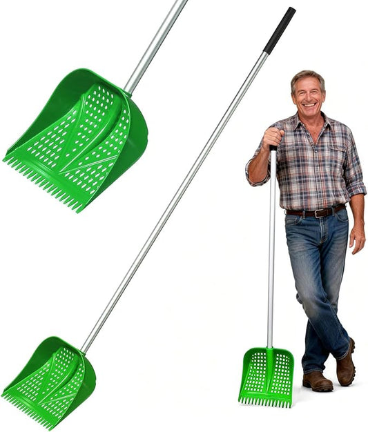 11.8inch Heavy Large 2-in-1 Chicken Poop Scooper & Rake,Adjustable Aluminum Handle（20–61"） Chicken Coop Scoop– Litter Scoop Sand & Sifting Shovel for Chicken Coops Shoveling Snow(Green)