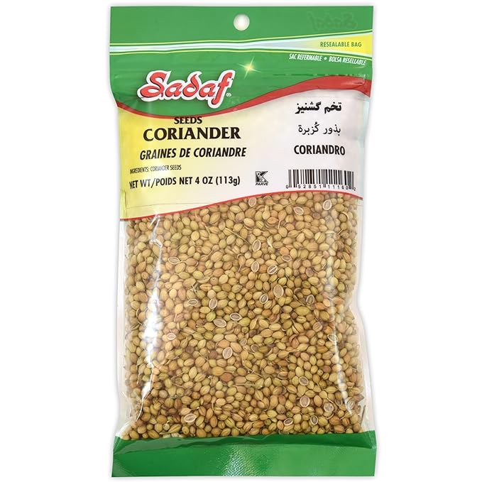 Sadaf Coriander Seeds - Coriander Seeds Whole for Cooking and Food Flavoring - Mediterranean Cuisine - Semilla de Cilantro - Kosher - 4 Oz Resealable Bag