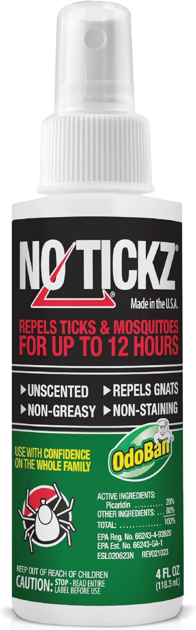 No Tickz Tick Repellent with 20% Picaridin, 12-Hour Protection from Ticks & Mosquitoes, Non-Greasy Formula, Made in the USA, Unscented, 4 Ounce Spray Bottle