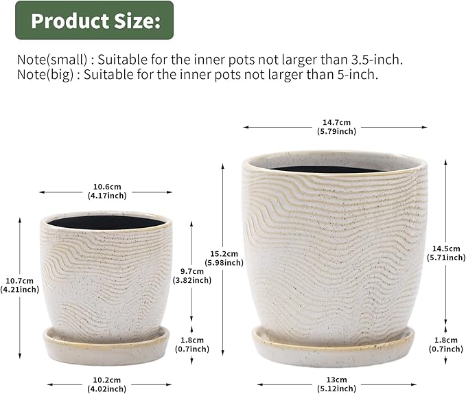4+5.75 Inch Ceramic Planter Set of 2 with Drainage Hole and Saucer for Plants, Indoor-Outdoor Large Round Succulent Orchid Flower Pot -Reactive Color, Inner-pots not Larger Than 5 Inch