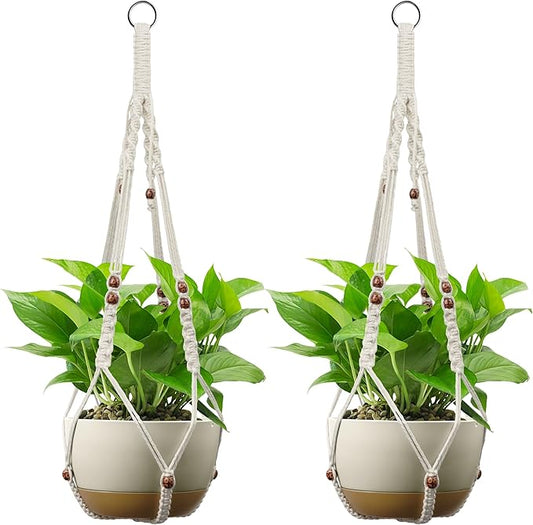 USLAI Macrame Plant Hanger Indoor Outdoor, Fits 4 to 15 Inch Pots, Strong Hanging Planter Holder, Boho Home Decor, 35+35 Inch, Ivory+Red Bead, Set of 2 (POTS NOT Included)