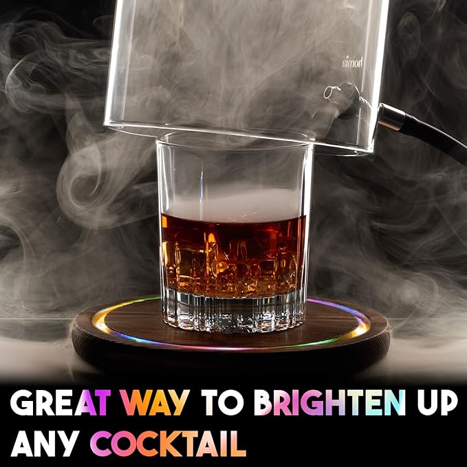 Smoking Gun Accessory LED lights Glass Dome 9" x 5.7" Lid with Wooden Base - Smoke infuser Cover Lid for Cocktail Smoker - Dome for Cold Smoke, Smoking Cloche for Drinks