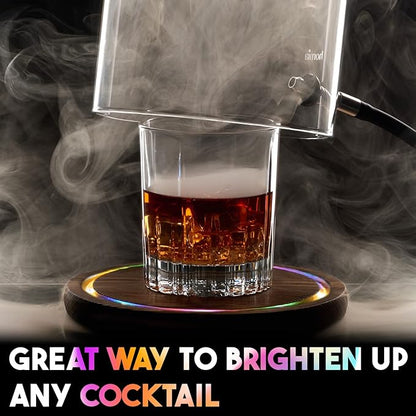 Smoking Gun Accessory LED lights Glass Dome 9" x 5.7" Lid with Wooden Base - Smoke infuser Cover Lid for Cocktail Smoker - Dome for Cold Smoke, Smoking Cloche for Drinks