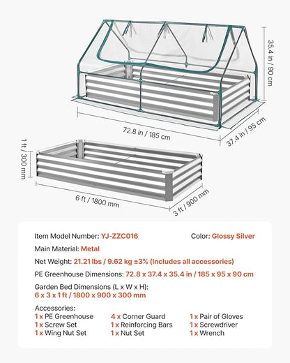 VEVOR 6x3x1FT Metal Raised Garden Bed with Greenhouse Cover, Outdoor Galvanized Planter Raised Beds for Gardening for Vegetables Flowers and Fruit
