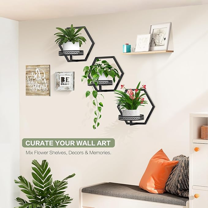 3 Packs Wall Planters for Indoor Plants, 7.9inch Metal Wall Plant Holder Hanger Wall Decor, Wall-Mounted Hanging Planters Window Plant Shelves Outdoor (Black Openwork)