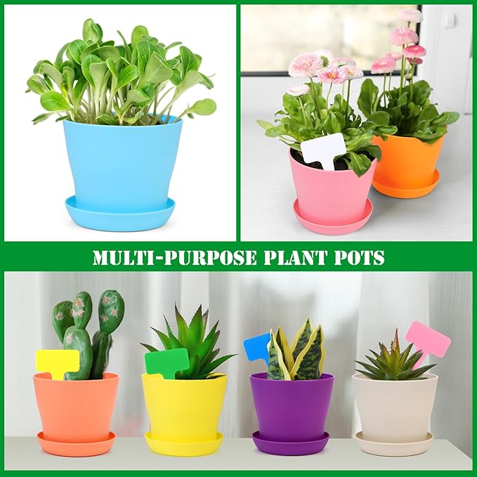 48 Pack Plastic Planters 4 Inch Flower Plant Pots Indoor Set Thickened Seedling Nursery Pots Seed Starting Pots with Drainage Holes Saucers, Mini Garden Tools for Home Office Garden, Multicolor
