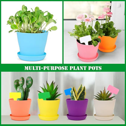 48 Pack Plastic Planters 4 Inch Flower Plant Pots Indoor Set Thickened Seedling Nursery Pots Seed Starting Pots with Drainage Holes Saucers, Mini Garden Tools for Home Office Garden, Multicolor