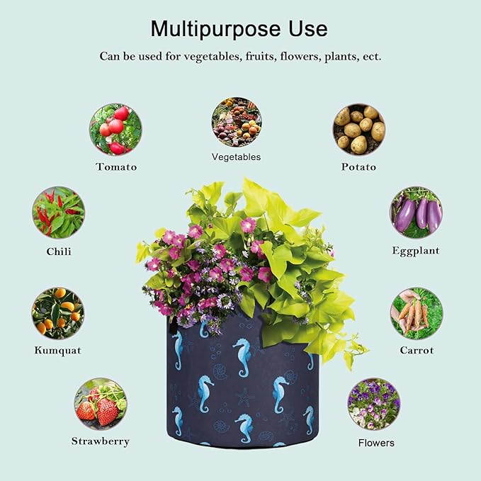 3 Gallon Nautical Sea Horse Starfish Shells Breathable Grow Bag Heavy Duty Thickened Plant Pot Containers with Handles for Potato Tomato Fruits Vegetables Flowers