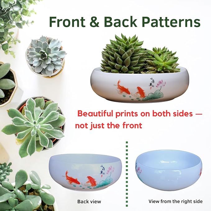 Lotus Bowl Planter, Ceramic Water Lily Bowl, Hydroponic Bonsai Lotus Bowls for Water Plants Indoor, Succulent Pots, Leak-Proof Design, Ode to Lotus and Fish Delight (7.68in*3.15in)