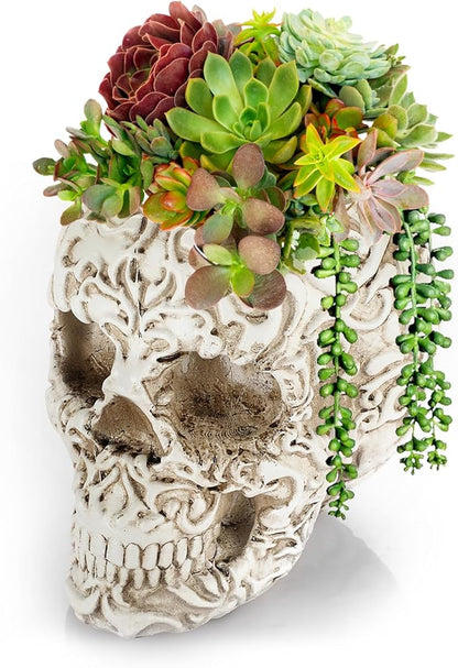 OwnMy Resin Skull Planter for Indoor Plants, White Skull Flower Succulent Pot with Drainage Holes, Halloween Skulls Head Planter Decorative Small Succulents Planters Pot for Tabletop