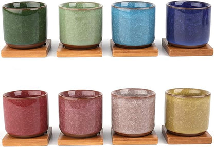 Lawei 8 Pack 2.5 Inch Mini Succulent Plant Pot with Drainage and Bamboo Tray, Small Ceramic Cactus Plant Pot, Flower Pots Faux Plants Containers for Home Garden Office Decoration(Plants NOT Included)