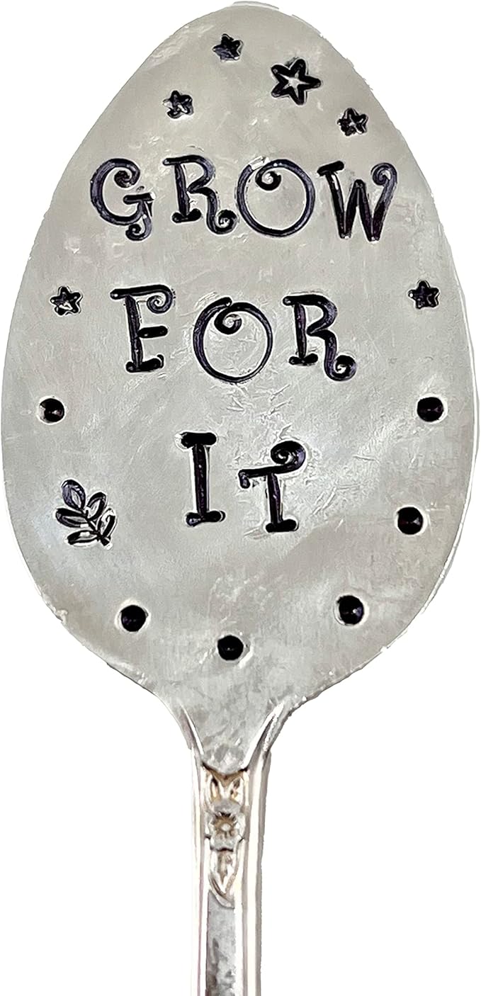 Garden Marker, Plant Stake GROW FOR IT, silver plate recycled stamped Spoon, Stick in your Flower pots Herbs or Plants