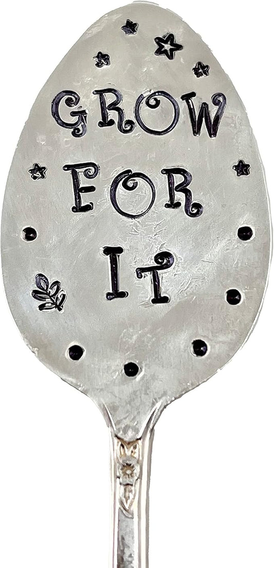 Garden Marker, Plant Stake GROW FOR IT, silver plate recycled stamped Spoon, Stick in your Flower pots Herbs or Plants