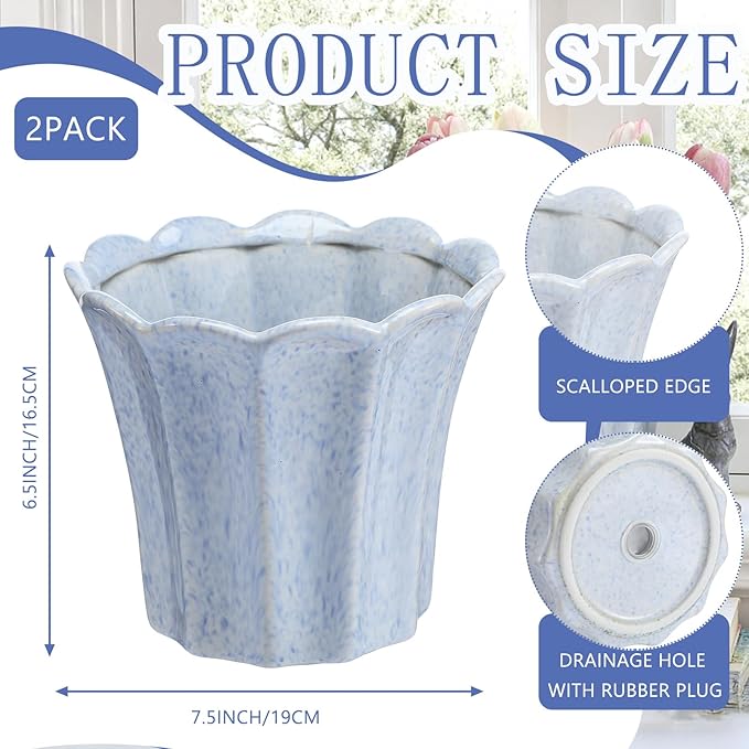 Honeydak 2 Pcs Fluted Ceramic Pots for Plants Indoor 7.5 x 6.5 Inches Spring Easter Scalloped Stylish Ceramic Planters Fluted Tulip Cachepots Blue Flower Pots Home Garden Patio Office Outdoor Planter