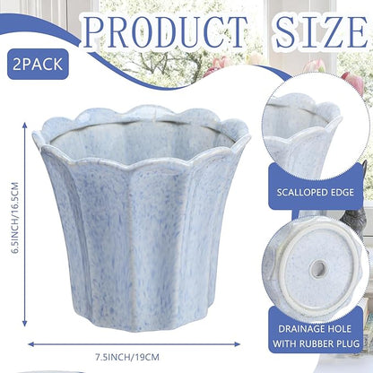 Honeydak 2 Pcs Fluted Ceramic Pots for Plants Indoor 7.5 x 6.5 Inches Spring Easter Scalloped Stylish Ceramic Planters Fluted Tulip Cachepots Blue Flower Pots Home Garden Patio Office Outdoor Planter