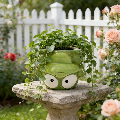 Small Succulent Pot with Drainage, 4 Inch, Indoor & Outdoor Animal Ceramic Planter, Funny Cartoon Frog Shaped Cactus Bonsai Container, Cute Flower Plant Pot for Home Office Desk and Garden Decor