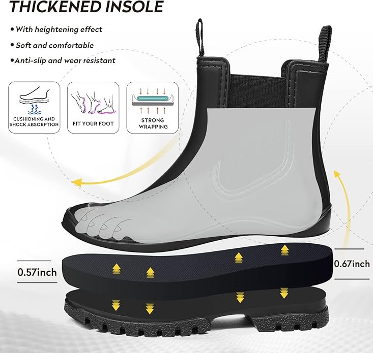 DKSUKO Rain Boots Women Waterproof Chelsea Boots Ankle Garden Shoes for Ladies Rubber Short Rainboots with Removable Comfort Insole for Outdoor Work Deck Mud Boots