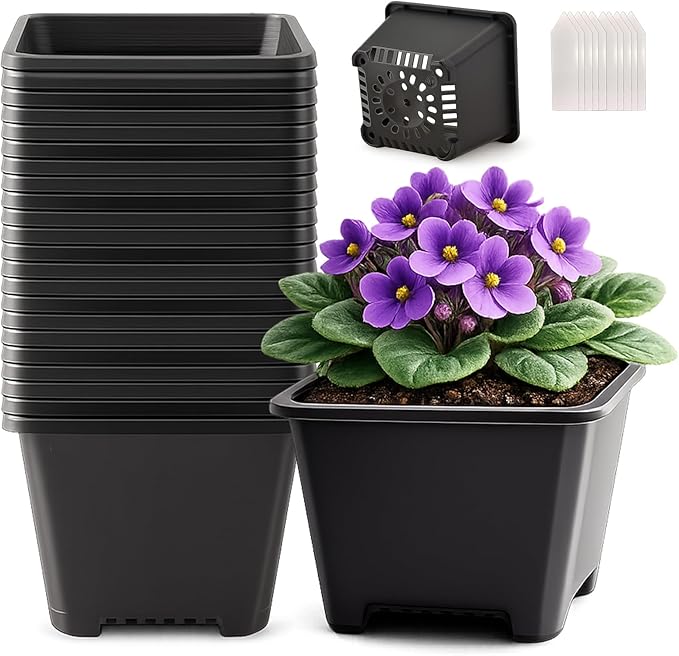 25 Packs Square Nursery Pots for Plants 5.5 Inch Succulent Plant Pots Set Plastic Seedling Starting Pots with Drainage Holes Nursery Pots Variety Pack Flower pots Planter Seed Starter, Black