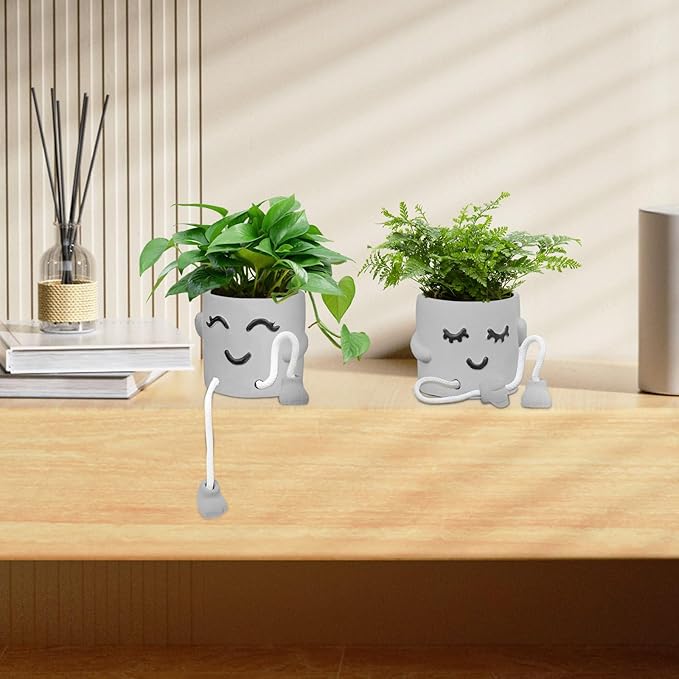 Uguisu Long Leg Planter, Cute Leg Hanging Smiley Planter, Small Plant Pot, Succulent Planters, Cement Pot, Decor Indoor Planters, Mini Succulent Pot (Gray/2pcs-No Drainage Hole-No Plant)