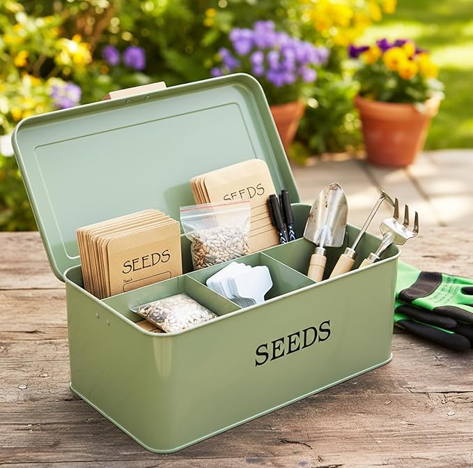 Seed Storage Organizer with 4 Dividers,Metal Seed Saving Box with Lid, Seeds Bin Storage Container Kit with 2 Pens,20 Plant Labels and 50 Seeds Envelopes, Perfect for Flower Plants Garden