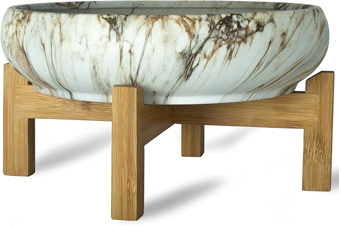 ARTKETTY Succulent Pot, Large Succulent Planters with Stand, 10 Inch Ceramic Bonsai Pots with Drainage Round Marble Cactus Flower Plant Bowl for Indoor/Outdoor