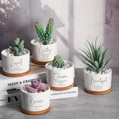 Fumete 24 Pcs Bible Verse Succulent Pots with Bamboo Tray Drainage 3.15 Inch Mini Ceramic Flower Planter Pot Christian Gifts for Women Sunday School Teacher Church Plants Not Included(Special Style)