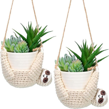 Patelai 2 Pieces Crochet Sloth Hanging Planter Handmade Sloth Plants Holder Plant Hanger for Indoor Outdoor Hanging Planter Supplies, Flower Pot and Plant Not Included