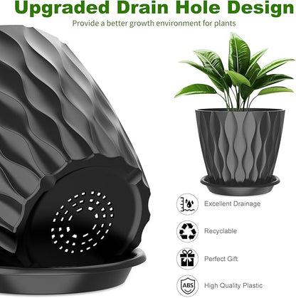 6 Pack 6 Inch Indoor Plant Pots with Drainage Holes, Outdoor Plastic Decorative Flower Pots, Garden Planters with Tray Saucers for Orchids, Violets, Succulents, Herbs, and Other Plants