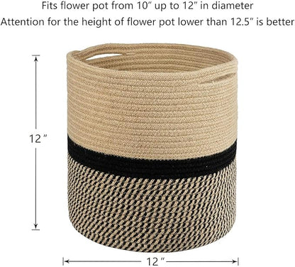 TIMEYARD Sturdy Jute Rope Plant Basket Modern Woven Basket for 11" Flower Pot Floor Indoor Planters, 12'' x 12'' Storage Organizer Baskets Rustic Home Decor, Black and Beige Stripes