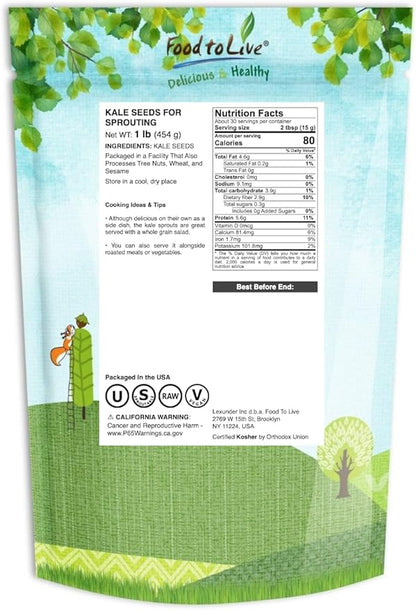 Food to Live - Kale Seeds, 1 Pound - Great for Sprouting and Planting, High Germination Rate, Non-Irradiated, Kosher, Vegan